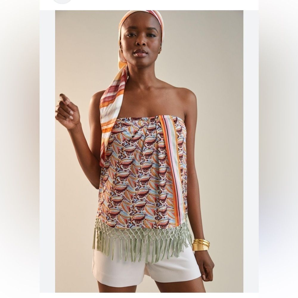 Anthropologie Fringe-Scarf Tube Top size small Color:
BLUE MOTIF